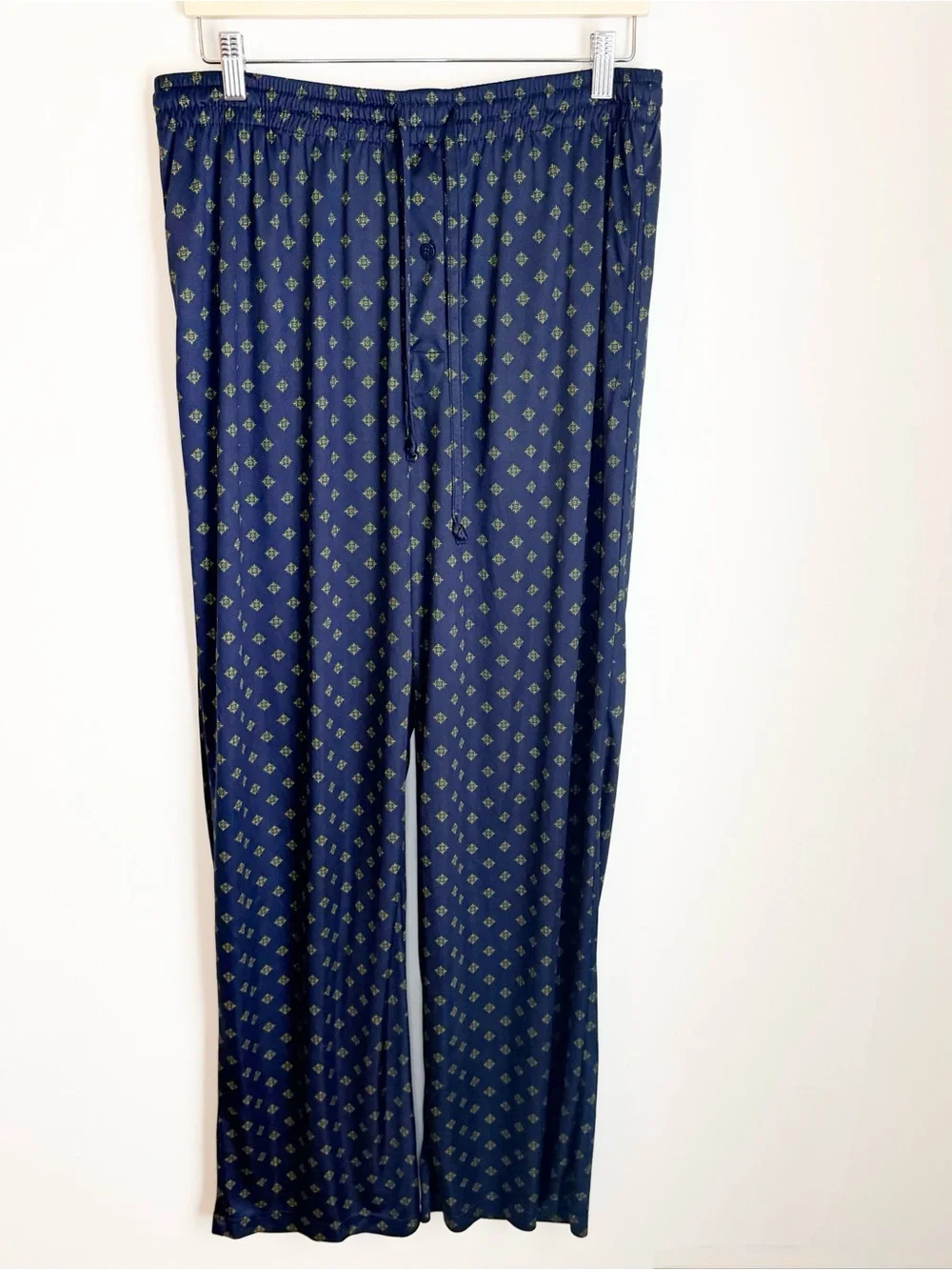 Navy Printed Satin Drawstring Wide-Leg Pajama Pants
